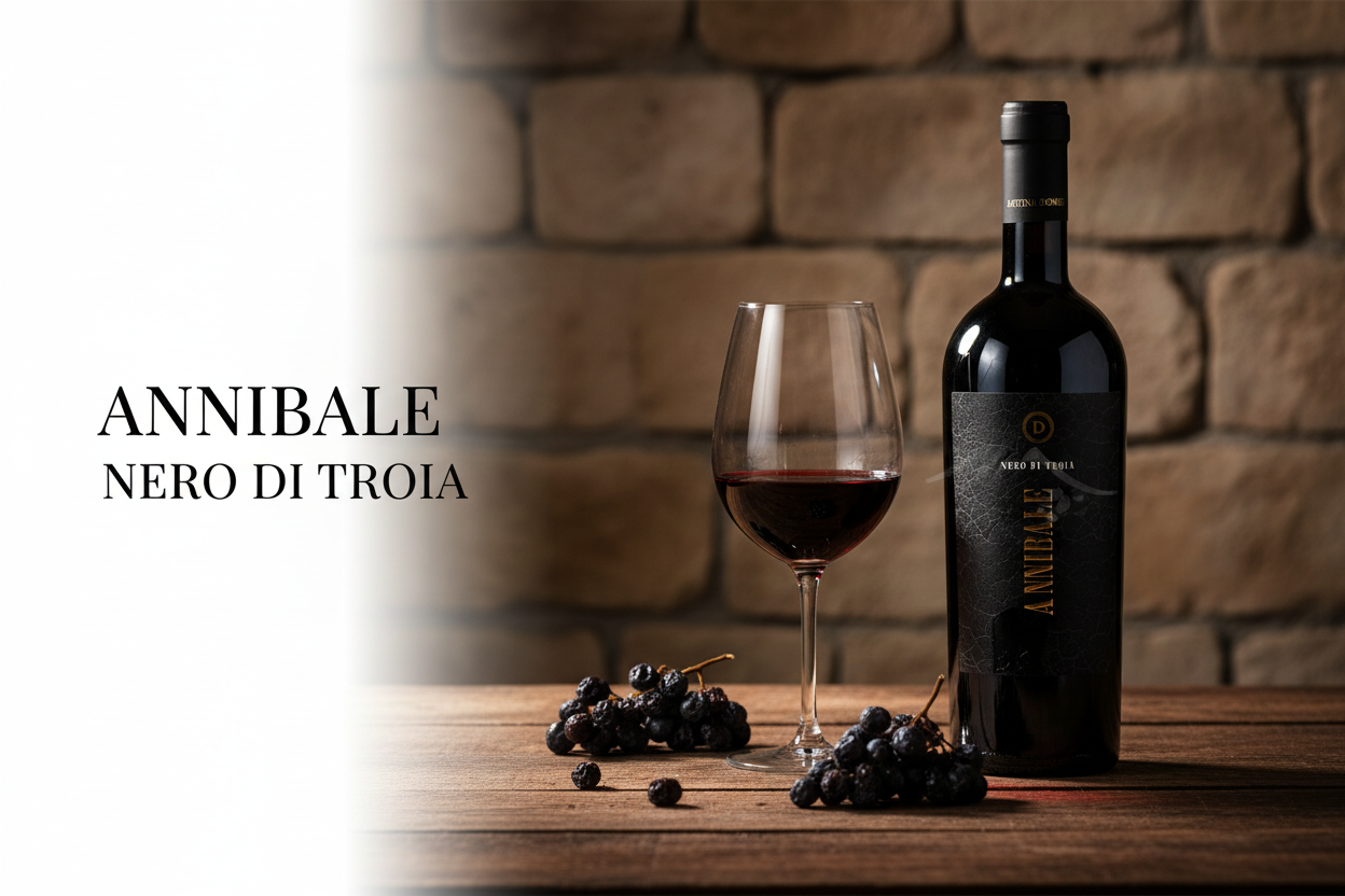 Bottiglia di Annibale Nero di Troia IGP Appassito di Cantina Diomede con calice di vino rosso