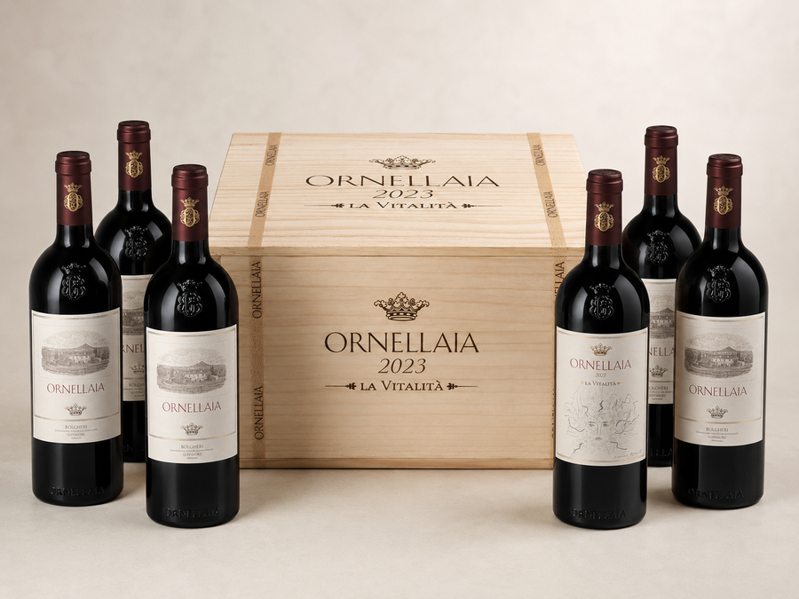 Vino Rosso DOC Bolgheri Superiore 2023 cassetta di legno (5 btl Etichetta Standard + 1 btl Etichetta Speciale La Vitallità artista Marina Abramovic)  - Ornellaia